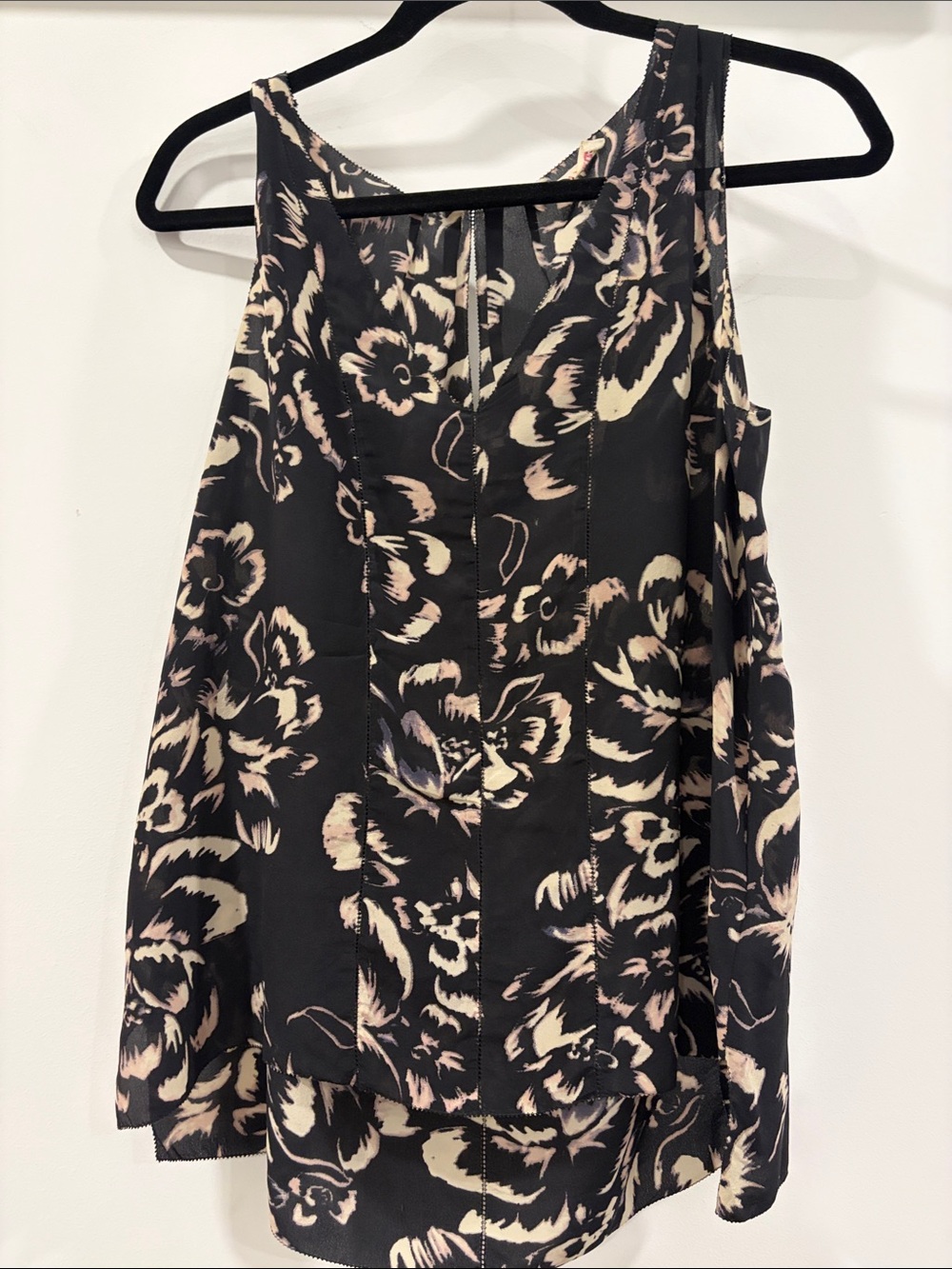 Rebecca Taylor 100% Silk Black Floral Sleeveless Loose Tank